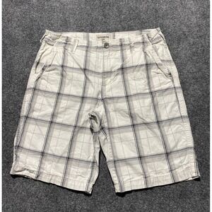 Express Mens Plaid Cargo Shorts Size 34 White Gray Cotton Casual Summer Classic